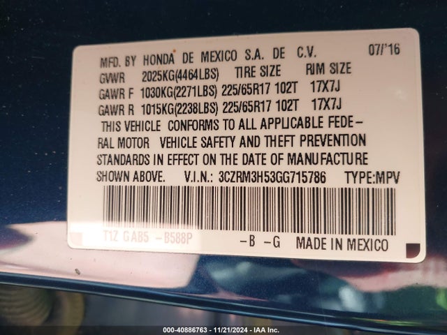 Honda CR-V EX 2016 3CZRM3H53GG715786 Image 9