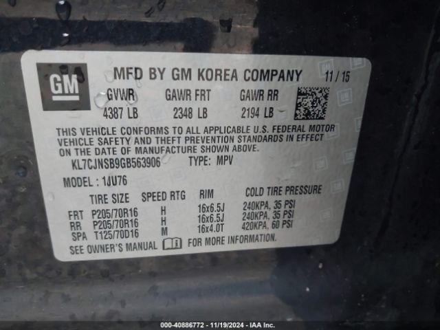 KL7CJNSB9GB563906 Chevrolet Trax 1ls