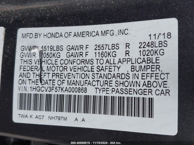 1HGCV3F57KA000868 Honda Accord Hybrid Ex-l