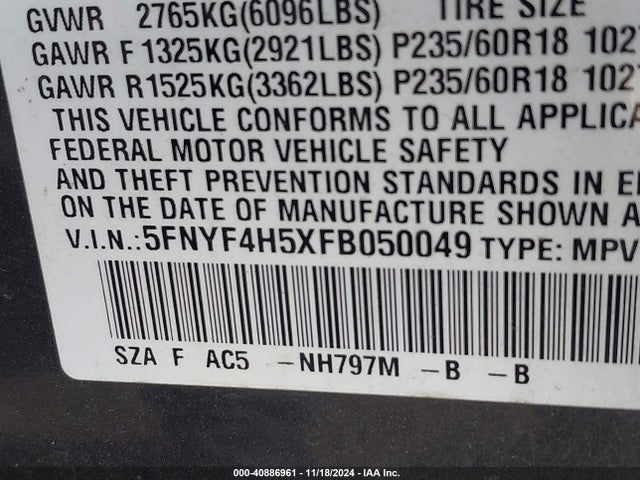 Honda Pilot Ex-l 2015 5FNYF4H5XFB050049 Image 9