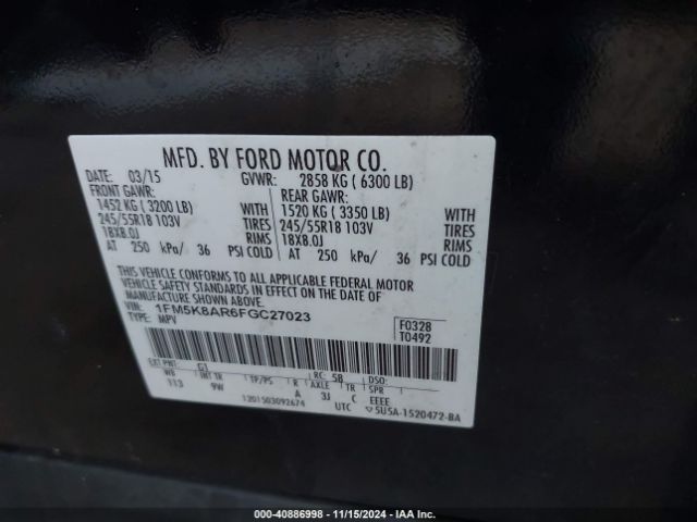 1FM5K8AR6FGC27023 Ford Utility Police Interceptor