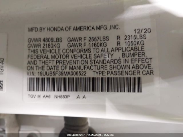 19UUB5F39MA006522 Acura Tlx Standard