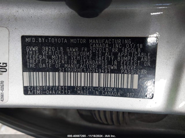Toyota COROLLA LE 2018 2T1BURHE1JC049491 Image 9