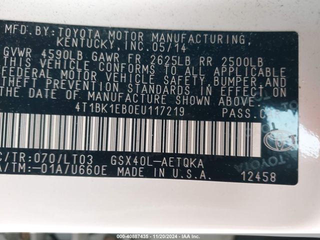 4T1BK1EB0EU117219 Toyota Avalon Xle Touring