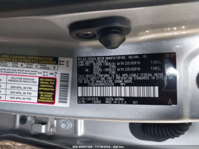 5TDGZRAH8MS054226 Toyota Highlander Xle