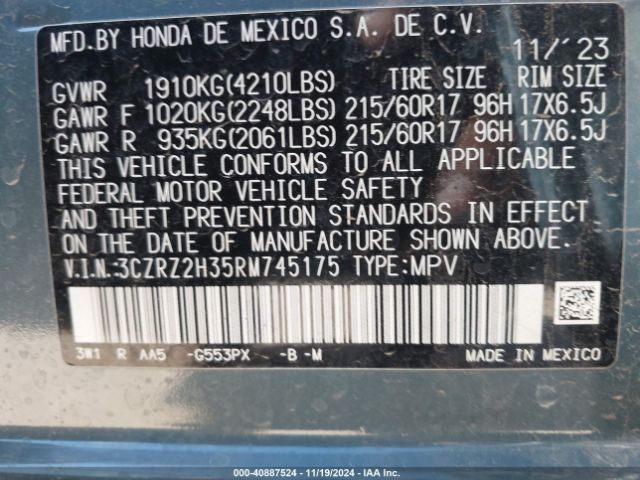 3CZRZ2H35RM745175 Honda Hr-v Awd Lx
