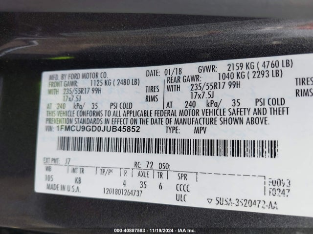 Ford ESCAPE SE 2018 1FMCU9GD0JUB45852 Image 9