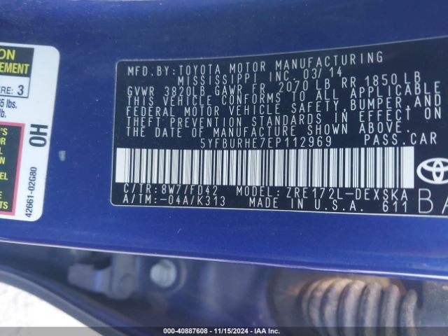 5YFBURHE7EP112969 Toyota Corolla L/le/le Pls/prm/s/s Pls