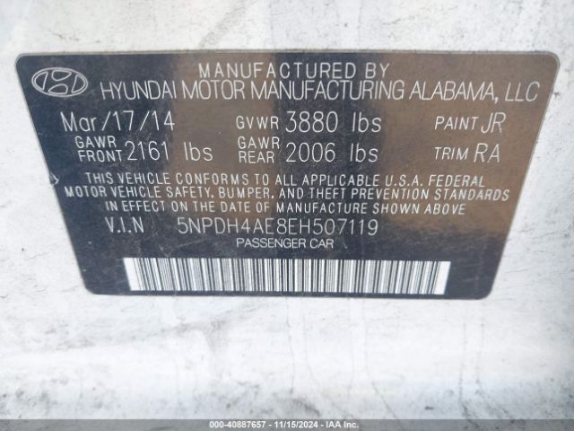 5NPDH4AE8EH507119 Hyundai ELANTRA SE