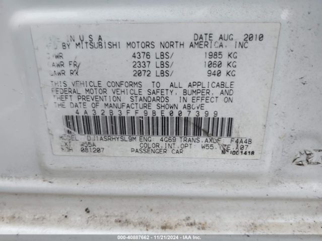 2011 MITSUBISHI GALANT 4A32B3FF9BE007399 Photo 8