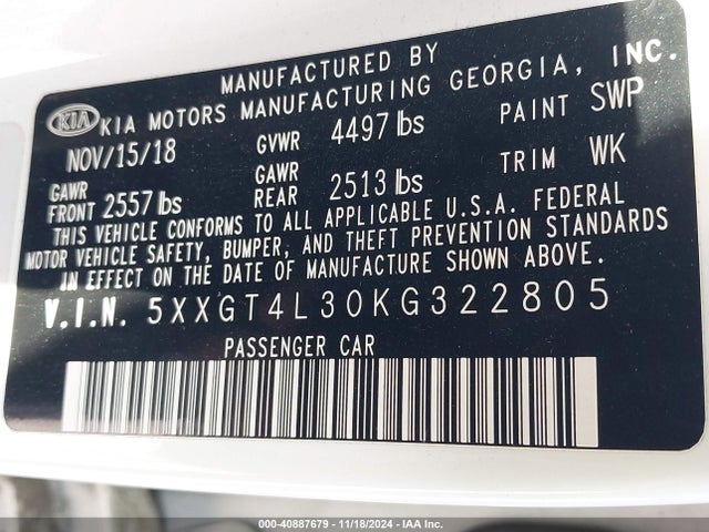 KIA Optima Lx 2019 5XXGT4L30KG322805 Image 9