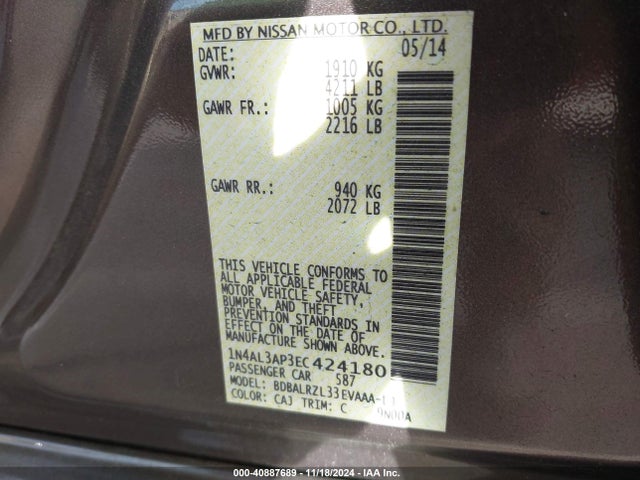 Nissan Altima 2.5 S 2014 1N4AL3AP3EC424180 Image 9
