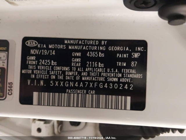 KIA OPTIMA EX 2015 5XXGN4A7XFG430242 Image 9