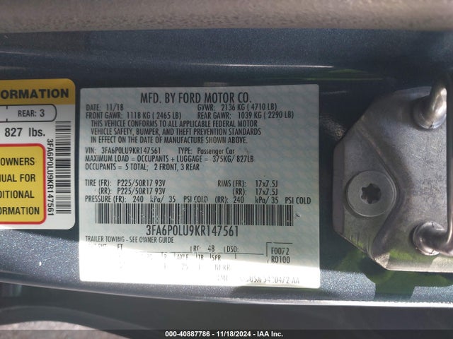 Ford Fusion Hybrid Se 2019 3FA6P0LU9KR147561 Image 9