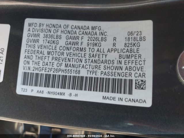2HGFE2F26PH555168 Honda Civic Lx