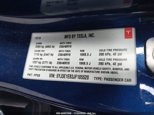 5YJ3E1EB3JF185520 Tesla Model 3 Long Range/performance