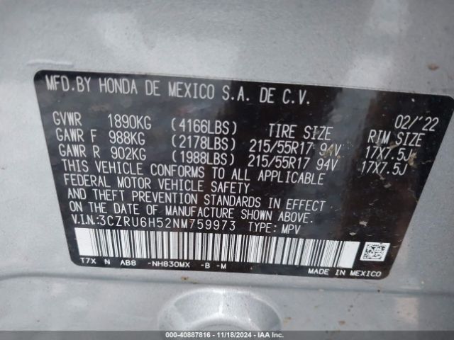 3CZRU6H52NM759973 Honda Hr-v Awd Ex