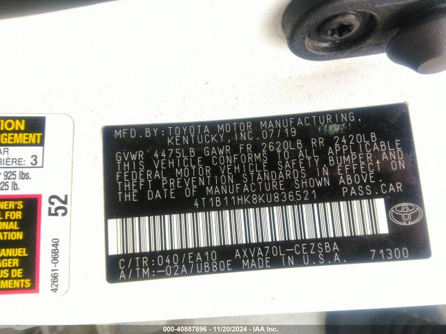 4T1B11HK8KU836521 Toyota CAMRY SE