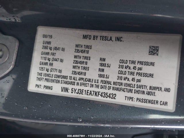 2019 TESLA MODEL 3 5YJ3E1EA7KF435432 Photo 8