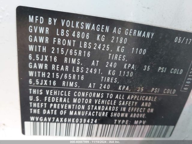 WVGAV7AX6HK039424 Volkswagen Tiguan 2.0t/2.0t S