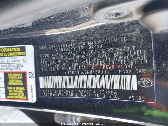 4T1B11HK8KU780306 Toyota CAMRY SE