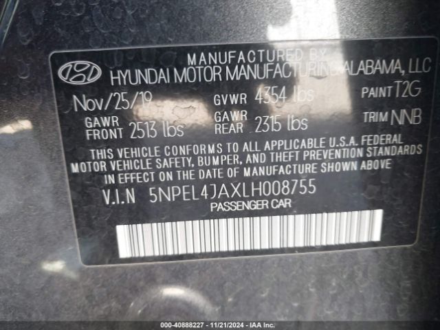 5NPEL4JAXLH008755 Hyundai SONATA SEL