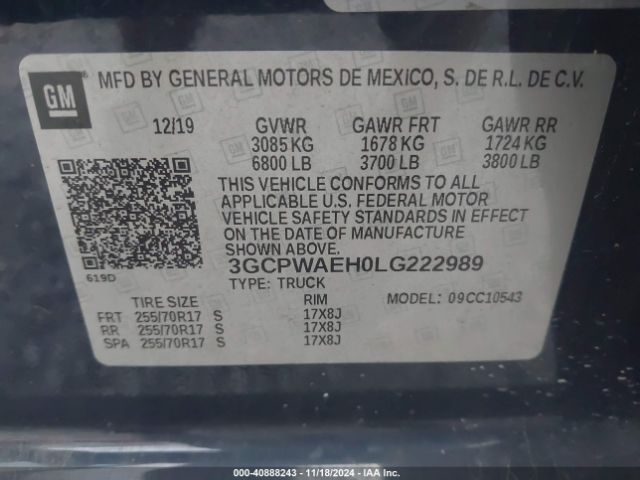 3GCPWAEH0LG222989 Chevrolet Silverado 1500 2wd  Short Bed Wt
