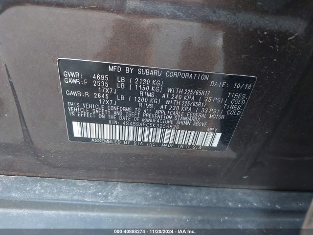 Subaru Outback 2.5i Premium 2019 4S4BSAFC5K3256836 Image 9