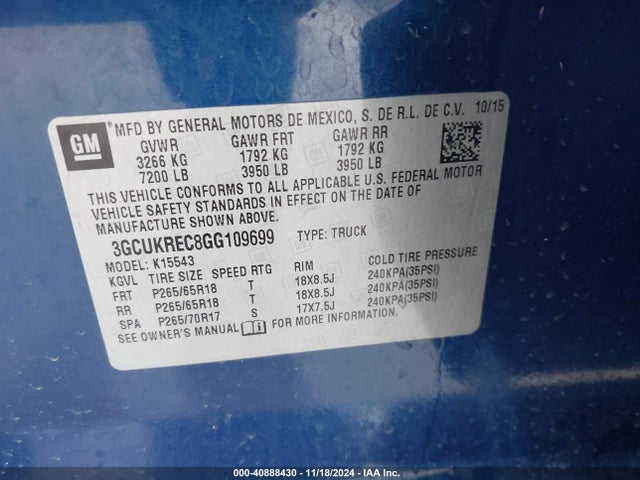 Chevrolet Silverado 1500 2lt 2016 3GCUKREC8GG109699 Image 9