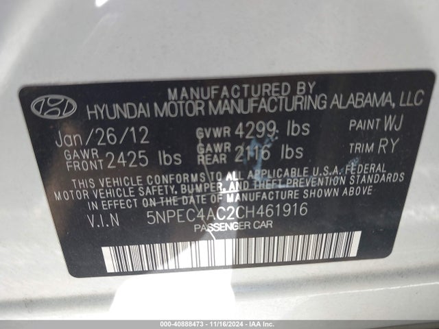 Aukcja sprzedaży 2012 Hyundai Sonata Se, vin: 5NPEC4AC2CH461916, numer aukcji: 40888473