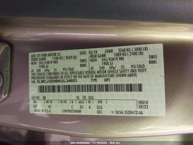 5LMCJ3D99KUL34603 Lincoln Mkc Reserve