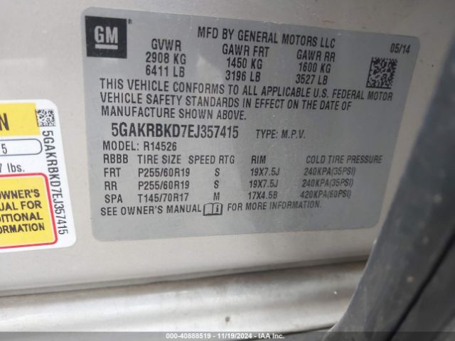 5GAKRBKD7EJ357415 Buick Enclave Leather