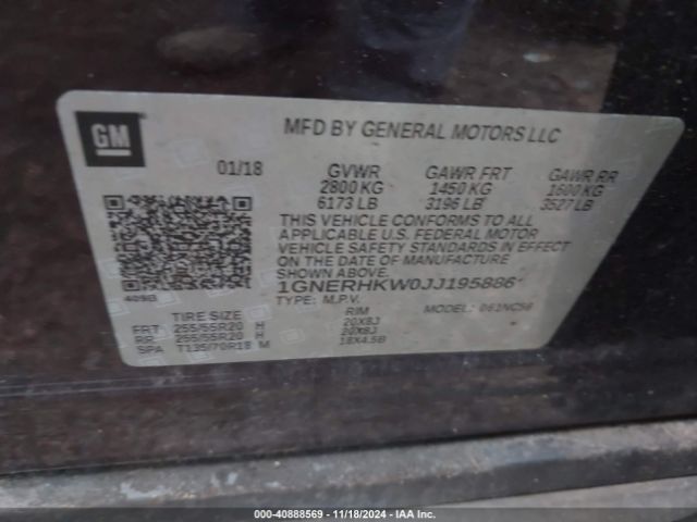 1GNERHKW0JJ195886 Chevrolet Traverse 3lt