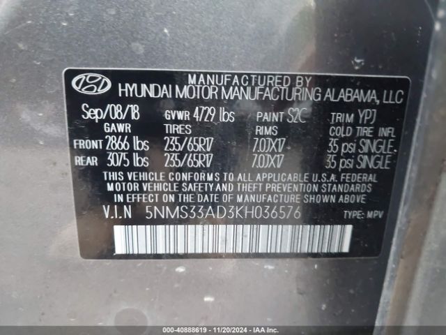 5NMS33AD3KH036576 Hyundai Santa Fe Sel