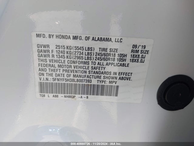 Honda Pilot 2wd Ex 2020 5FNYF5H38LB007393 Image 9