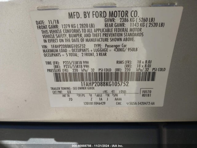 1FAHP2D88KG105752 Ford TAURUS SE