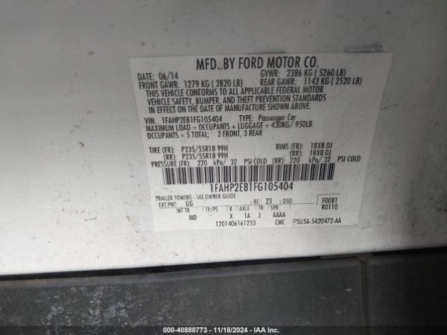1FAHP2E81FG105404 Ford TAURUS SEL
