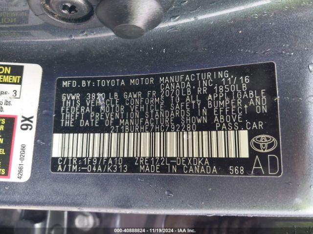 2T1BURHE7HC792280 Toyota COROLLA L