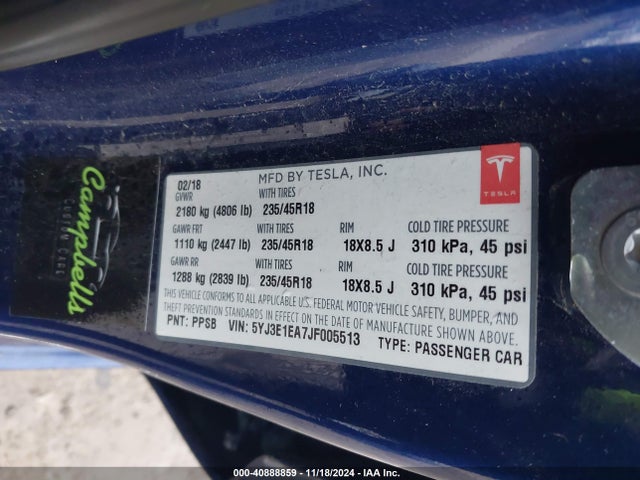 2018 TESLA MODEL 3 5YJ3E1EA7JF005513 Photo 8