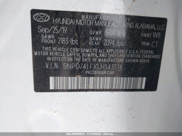 5NPD74LFXLH543514 Hyundai ELANTRA SE