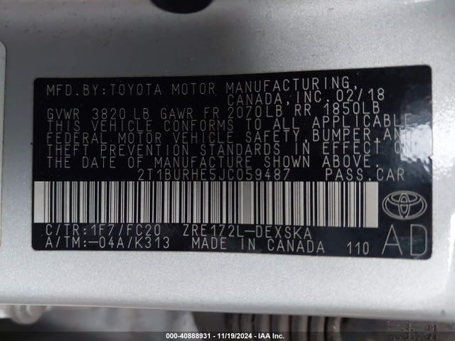 Toyota COROLLA SE 2018 2T1BURHE5JC059487 Image 9