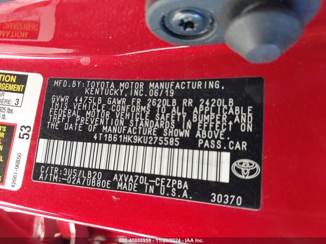 Aukcja sprzedaży 2019 Toyota Camry Xse, vin: 4T1B61HK9KU275585, numer aukcji: 40888959