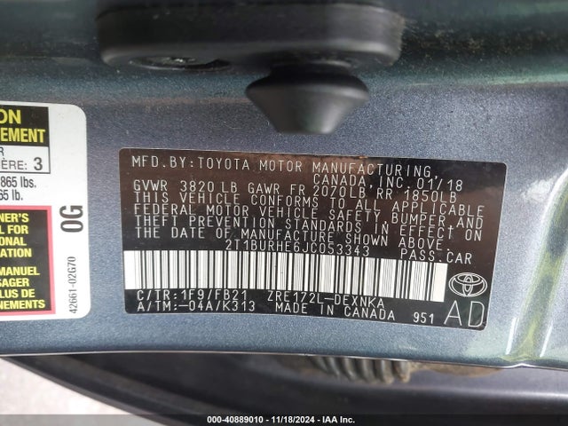 Toyota COROLLA LE 2018 2T1BURHE6JC053343 Image 9