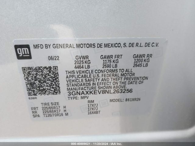 3GNAXKEV8NL263256 Chevrolet Equinox Fwd Lt