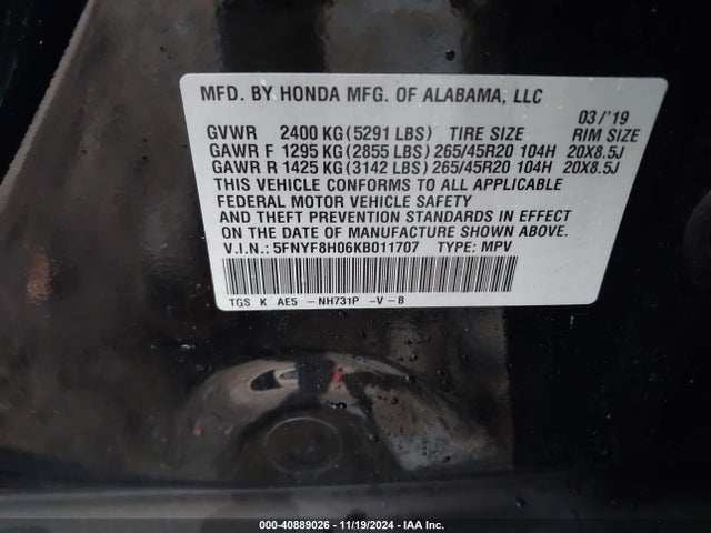 Honda Passport Elite 2019 5FNYF8H06KB011707 Image 9