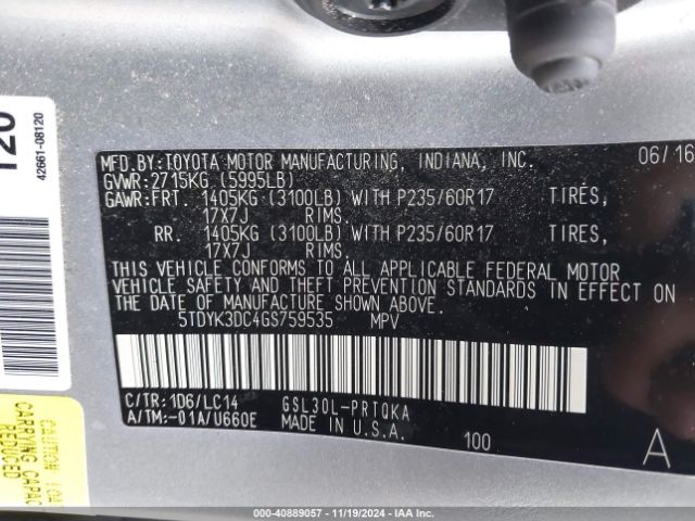 5TDYK3DC4GS759535 Toyota Sienna Xle/limited