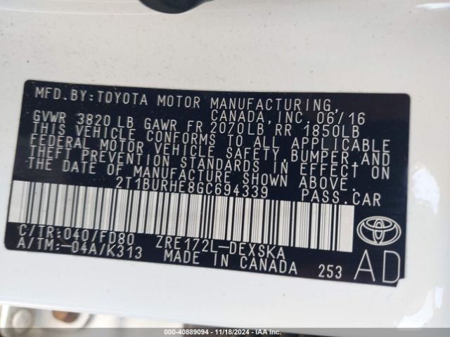2T1BURHE8GC694339 Toyota Corolla S Plus