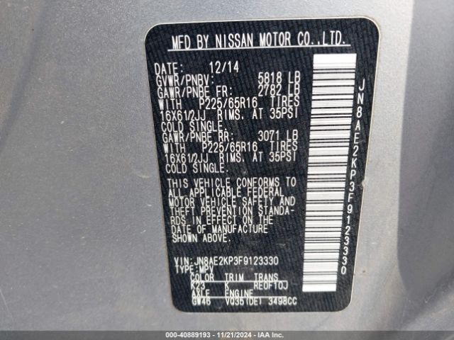 JN8AE2KP3F9123330 Nissan Quest Platinum/s/sl/sv