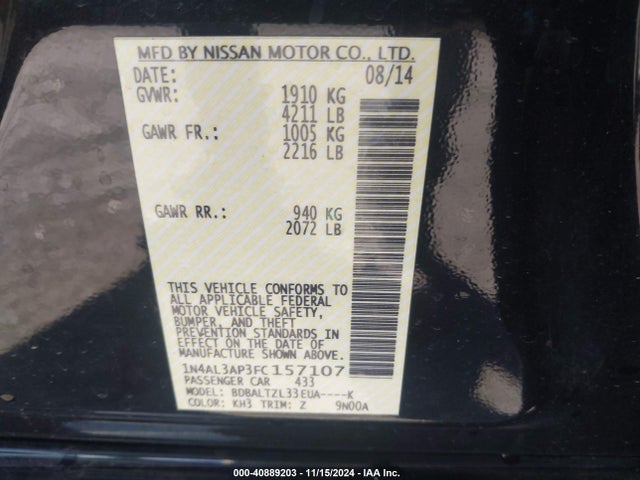 Nissan Altima 2.5 Sl 2015 1N4AL3AP3FC157107 Image 9