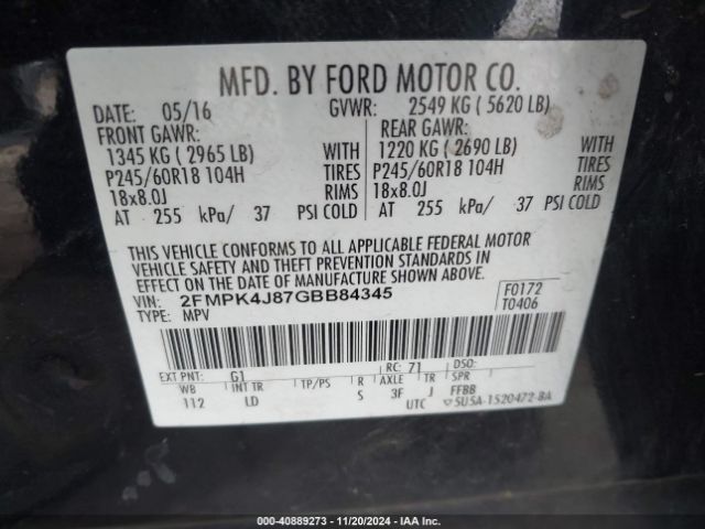 2FMPK4J87GBB84345 Ford EDGE SEL